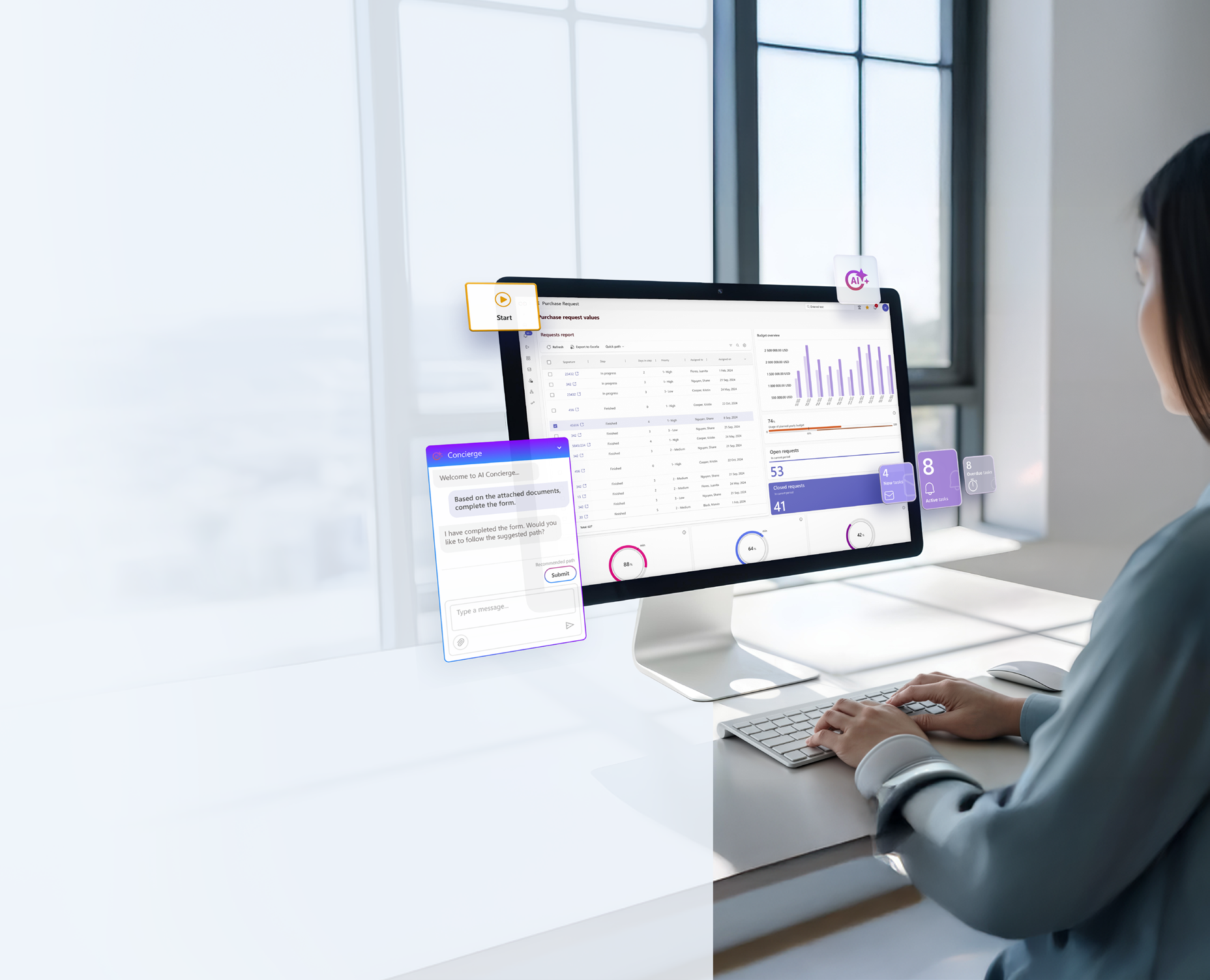 WEBCON marketing illustration showing a purchase request dashboard and AI Concierge assistance